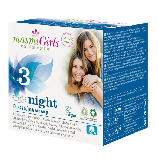Masmi - Organic Cotton Girls 3 Ultra-thin Night Pads 10s