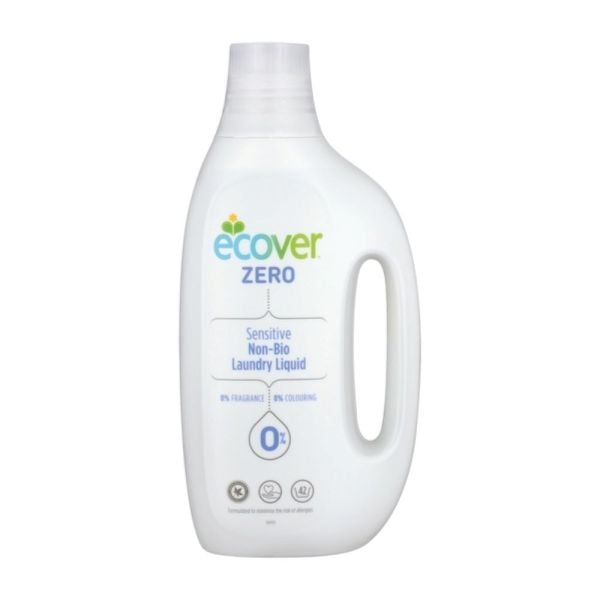 Ecover Zero, non-Bio Laundry Liquid 1.5L comes in a recyclable plastic bottle. The laundry liquid is fragranc free, contains no colouring and is suitable for sensitive skin 