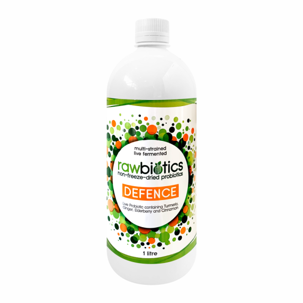 Rawbiotics DEFENCE is a live probiotic liquid with turmeric, ginger, elderberry and cinnamon in a1litre bottle 