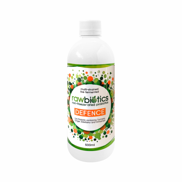 Rawbiotics DEFENCE is a live probiotic liquid with turmeric, ginger, elderberry and cinnamon in a 500ml bottle 