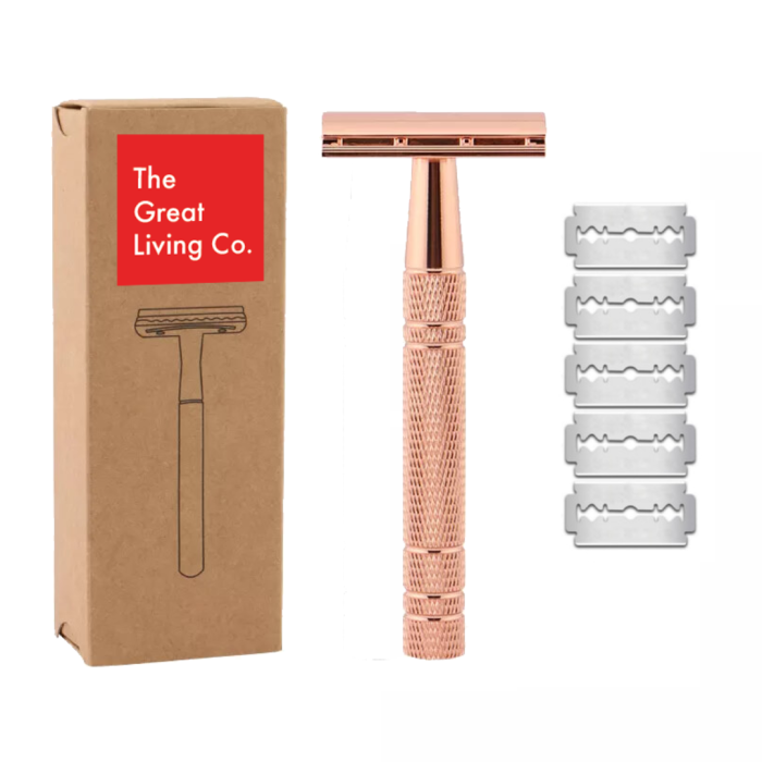The Great Living Co - Premium Double Edge Stainless Steel Safety Razor Plus 5 Blades Rose Gold